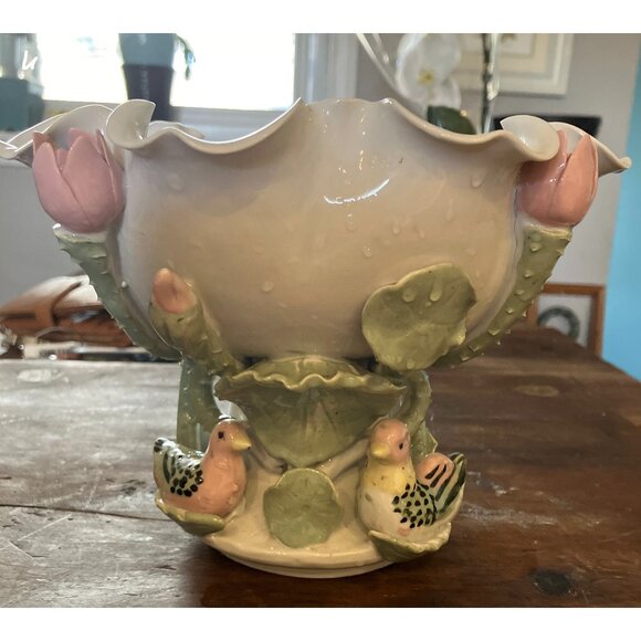 Vintage 80s Pedestal Vase Ceramic Floral Arranging Bowl with Removable Frog - Picture 1 of 10